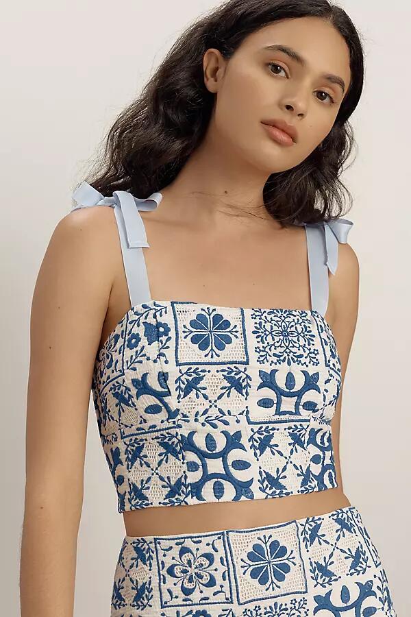 Maeve Bow-Strap Embroidered Tile-Print Cropped Tank Top Cover