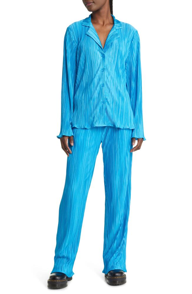 Dressed in Lala Notched Collar Plissé Top & High Waist Pants Set in Electric Blue Cover