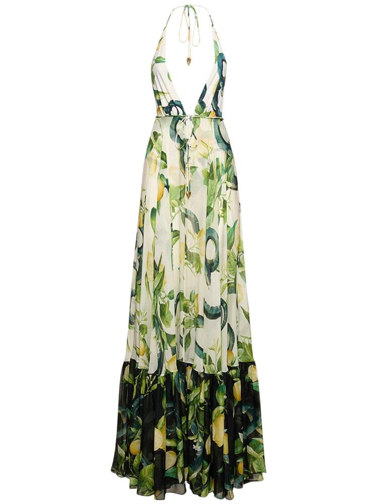 ROBERTO CAVALLI Printed Silk Chiffon Self-tie Maxi Dress Cover