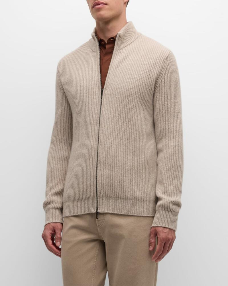 Neiman Marcus Cashmere Collection Men's Ribbed Full-Zip Sweater Cover