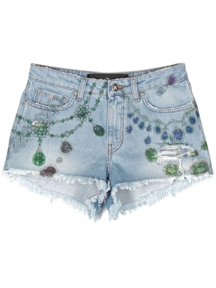 John Richmond graphic-print denim mini shorts - Blue Cover