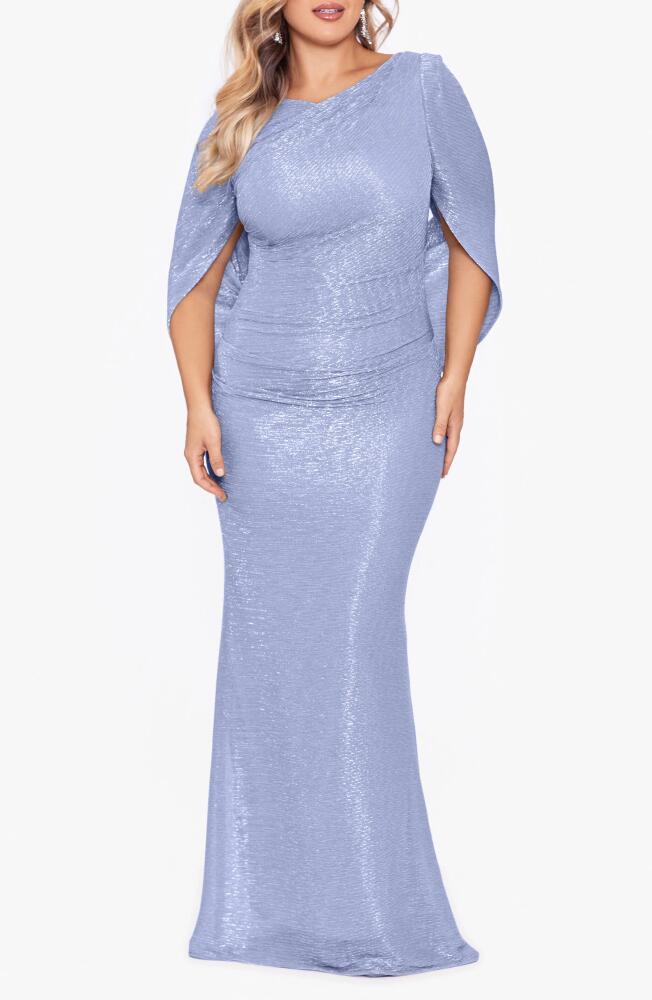 Betsy & Adam Cape Sleeve Metallic Crinkle Gown in Blue/Silver Cover