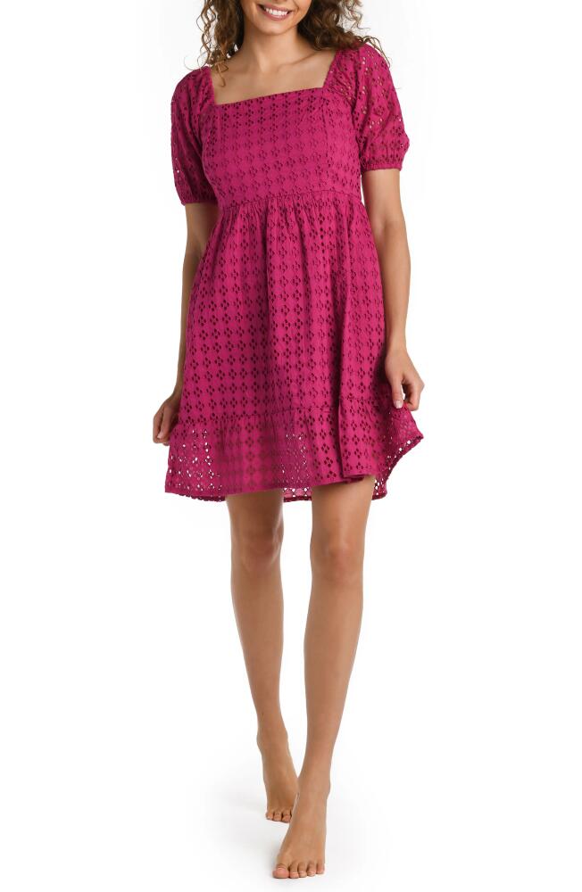 La Blanca Puff Sleeve Cotton Eyelet Cover-Up Dress in Magenta Cover