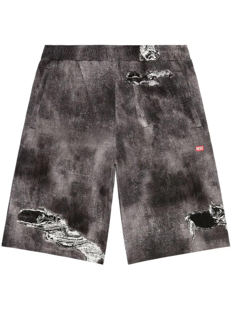 Diesel distressed-print cotton track shorts - Black Cover