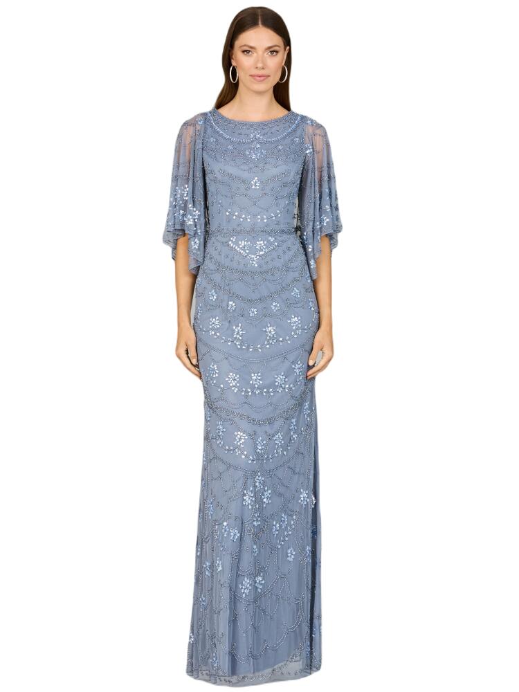 LARA New York High Neck, Cape Sleeve Beaded Gown in Dustyperiwinkle Cover