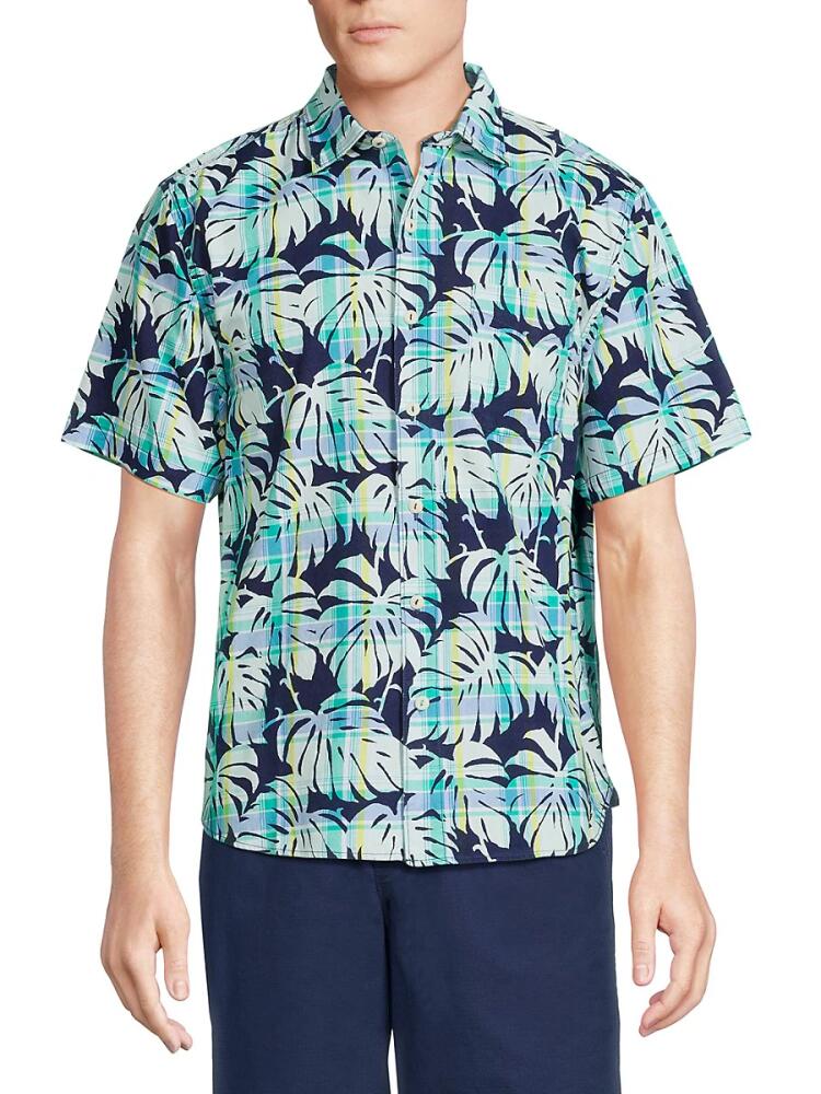 Tommy Bahama Men's Plaid Over Paradise Leaf Print Shirt - Coastline Cover