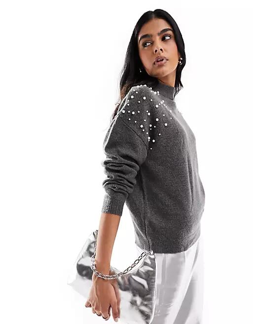 Pieces pearl shoulder detail sweater in gray Cover