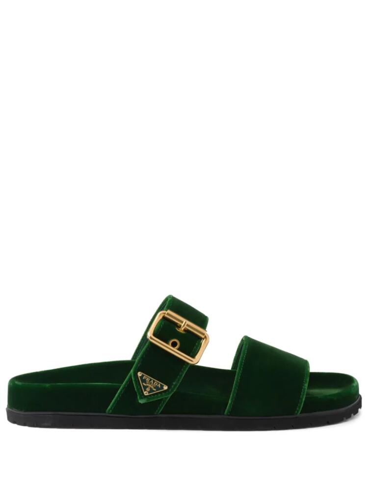 Prada enamel triangle-logo velvet slides - Green Cover