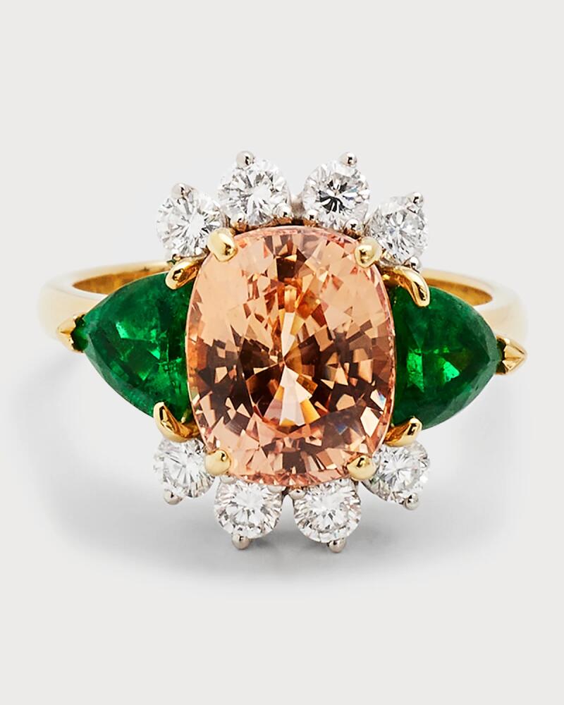 NM Estate Estate 18K Yellow Gold Orange Sapphire, Trillion Emerald and Diamond 3-Stone Ring, Size 6.5 Cover