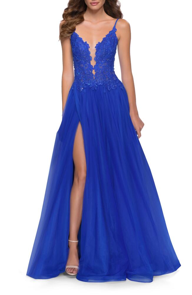 La Femme Floral Embroidered Illusion Plunge Tulle Ballgown in Royal Blue Cover