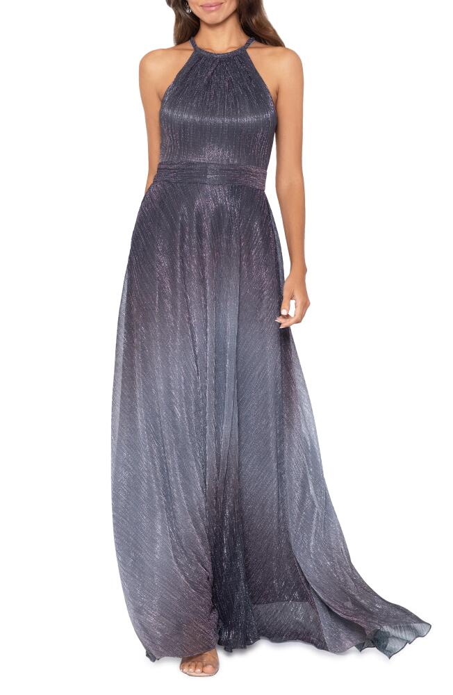 Betsy & Adam Metallic Ombré Gown in Grey/Purple Cover