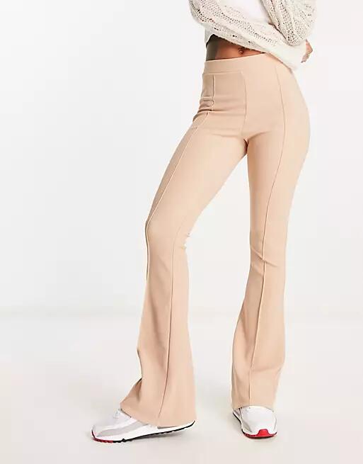 ASOS DESIGN ottoman ribbed kick flare pants in stone-Neutral Cover