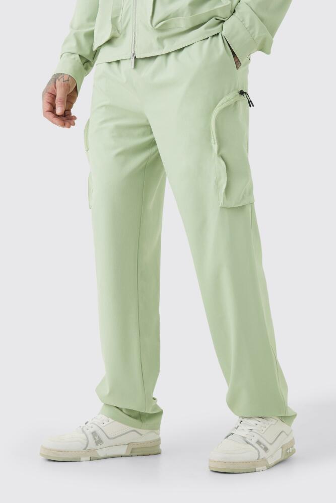 Mens Tall Technical Stretch Elasticated Waist Zip Cargo Pants - Green Cover