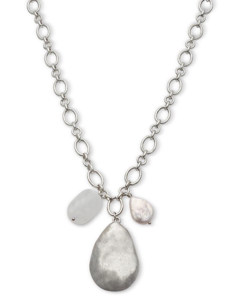 Style & Co Hammered Teardrop & Freshwater Pearl Pendant Necklace, 38" + 3" extender, Created for Macy's - Silver Cover