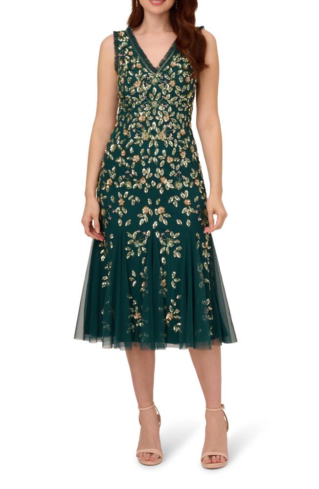 Adrianna Papell Ruffle Beaded Midi Mermaid Cocktail Dress in Gem Green Cover