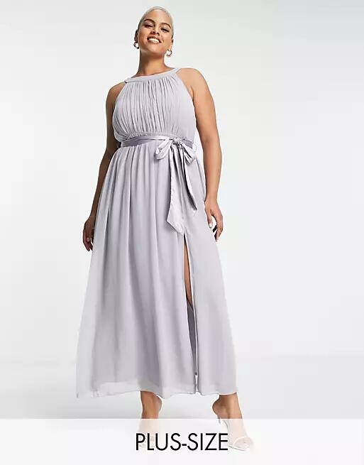 Lilttle Mistress Plus Bridesmaid open shoulder maxi dress in gray blue Cover