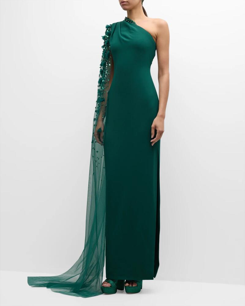 Pamella Roland Asymmetric Beaded Tulle Cape-Sleeve Crepe Gown Cover