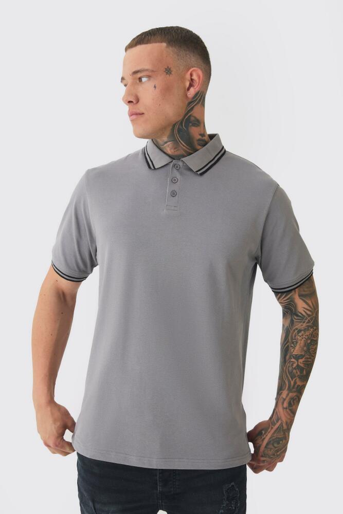 boohoo Mens Tall Slim Tipped Pique Polo In Slate Grey Cover