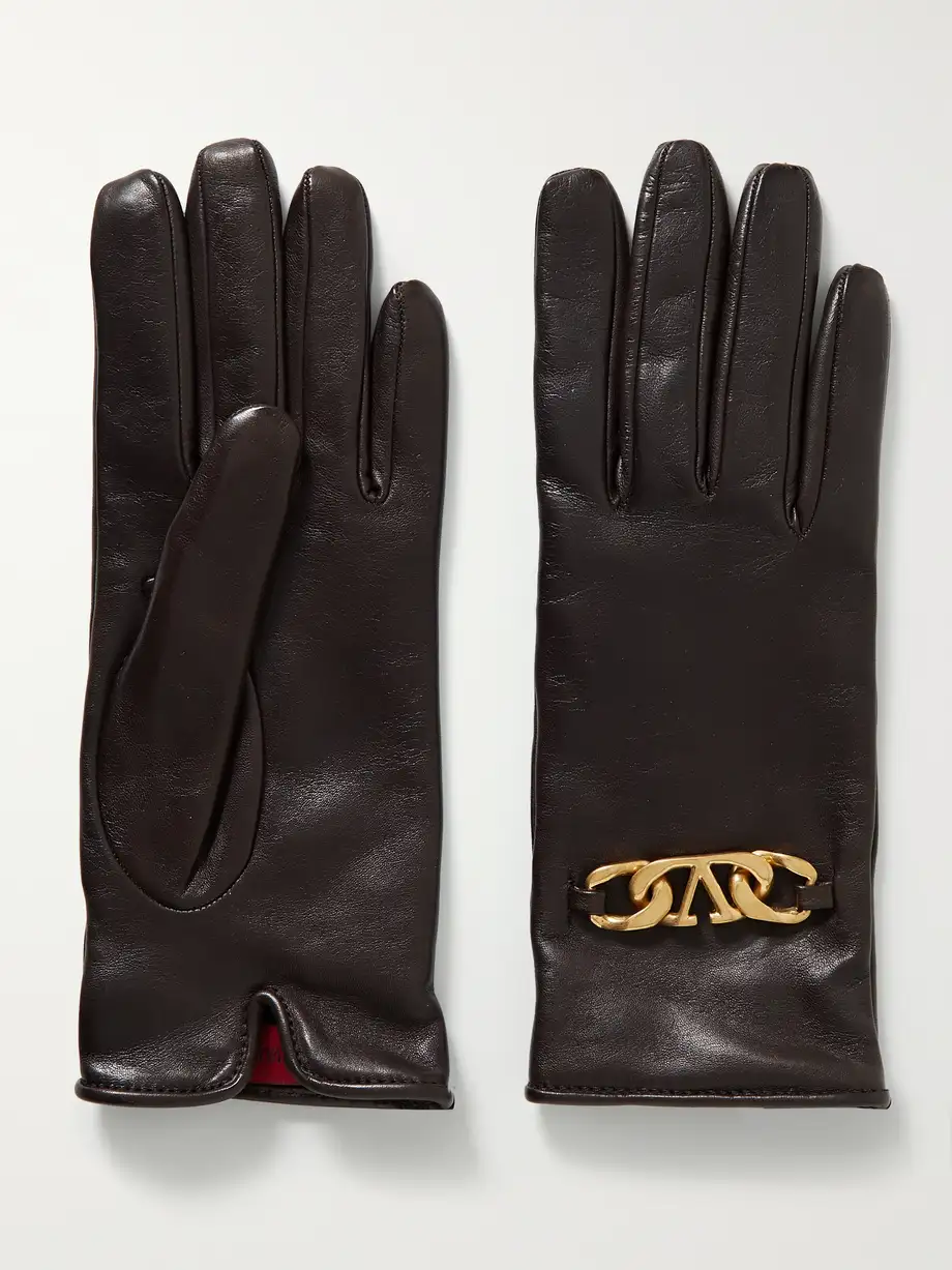 Valentino Garavani - Vlogo Cashmere-lined Chain-embellished Leather Gloves - Brown Cover