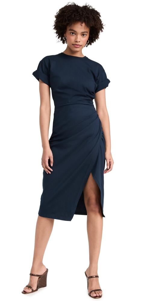 FRAME Faux Wrap Midi Dress Navy Cover