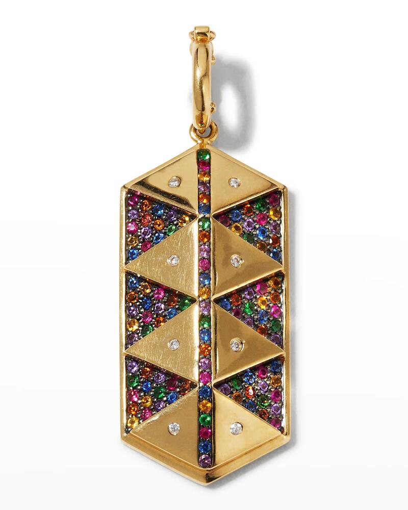 Harwell Godfrey Yellow Gold Elongated Hexagon Shield Charm with Rainbow Sapphires Cover