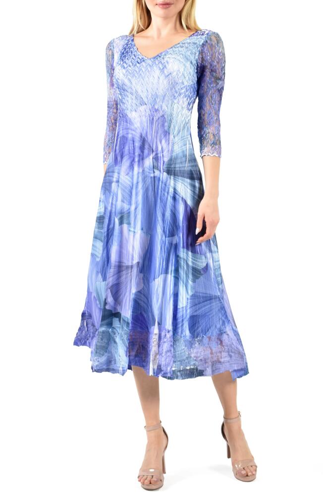 Komarov Abstract Print Charmeuse & Lace Cocktail Midi Dress in Leaf Flow Cover