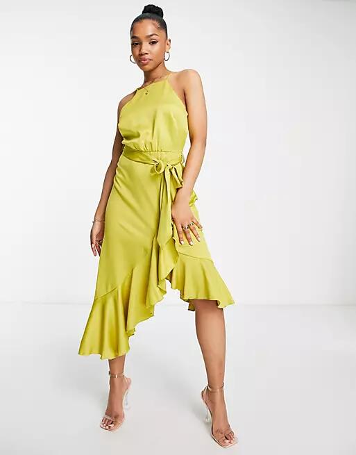 Style Cheat halter wrap midi dress in lime green Cover