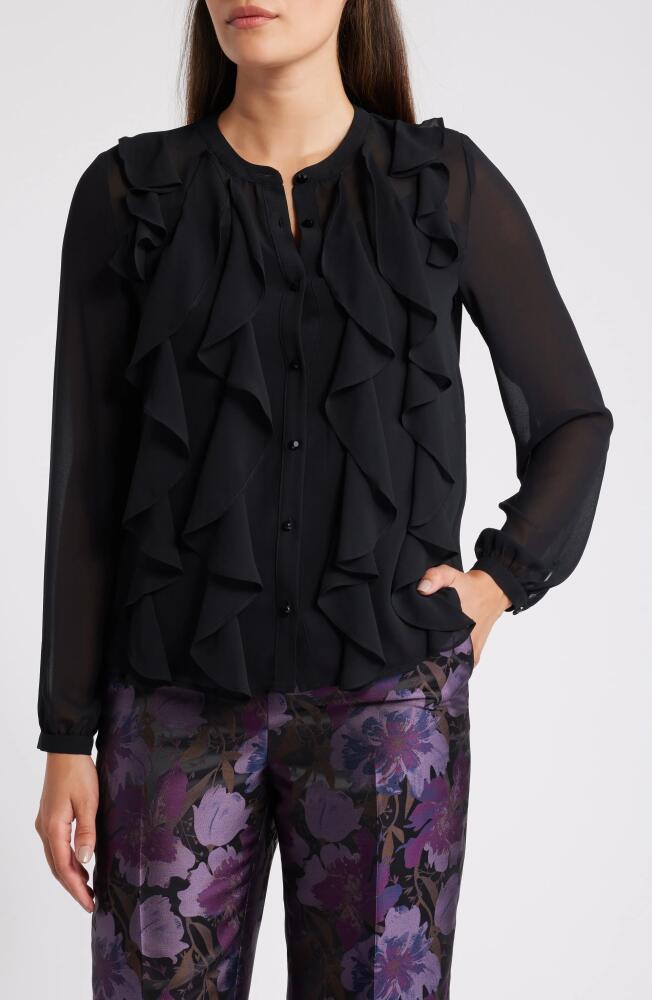 Anne Klein Cascade Ruffle Chiffon Button-Up Shirt in Anne Black Cover