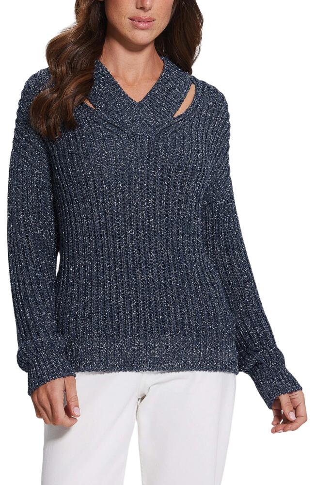 GUESS Lise Sparkle Cutout V-Neck Sweater in Blackened Blue Lurex Multi Cover