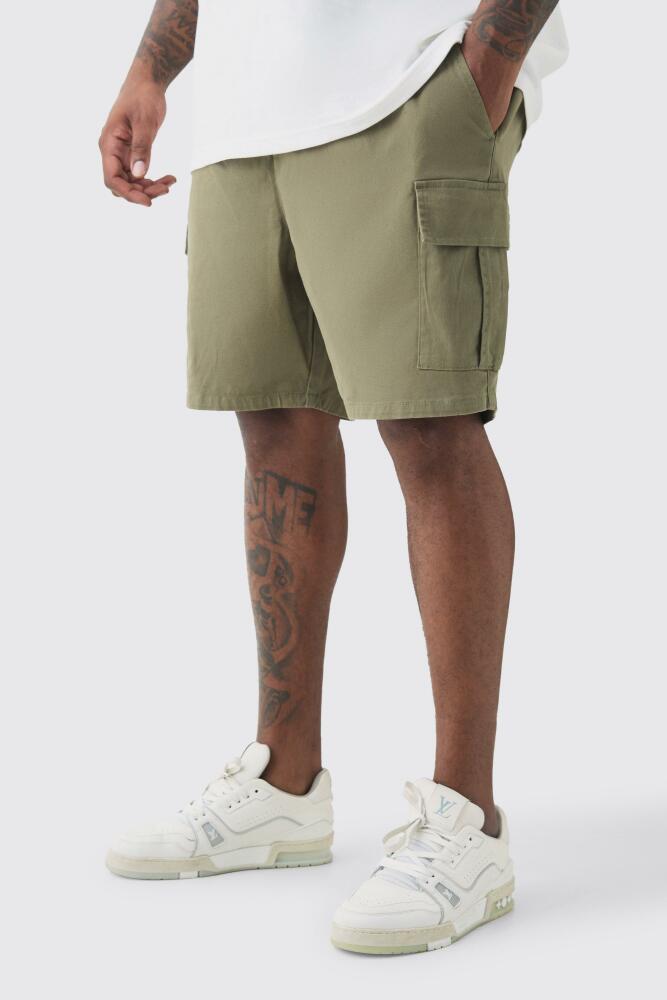 boohoo Mens Plus Elasticated Waist Khaki Slim Fit Cargo Shorts - Green Cover