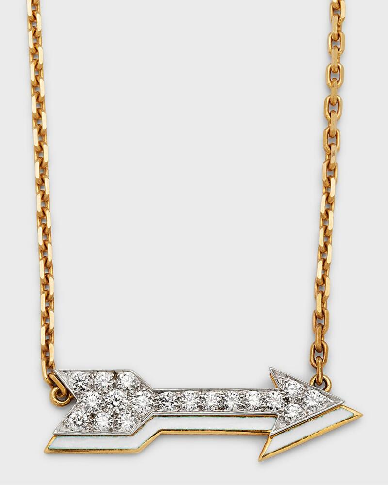 David Webb Motif 18k Gold Diamond Arrow Pendant Necklace with White Enamel Cover