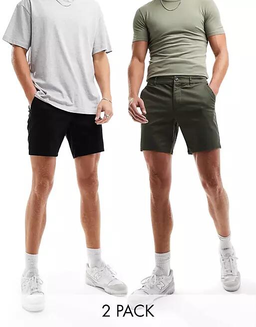 ASOS DESIGN 2 pack slim chino shorts in mid length in dark khaki and black-Multi Cover