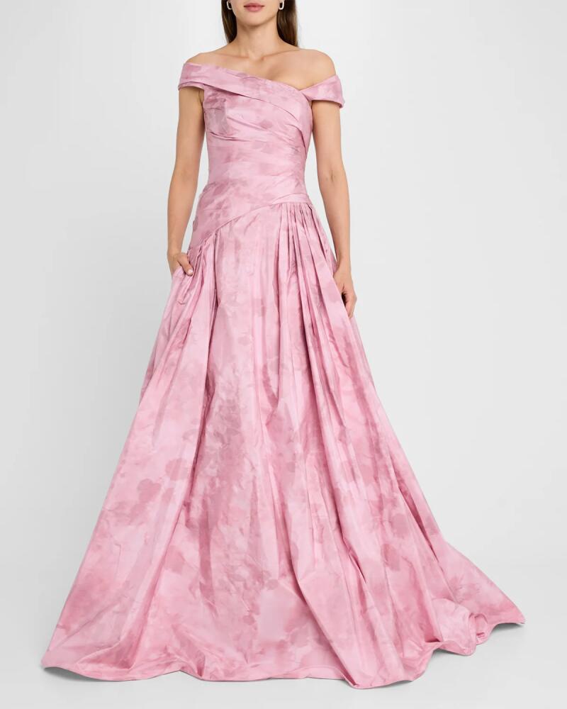 Pamella Roland Off-The-Shoulder Floral Taffeta Asymmetrical Gown Cover