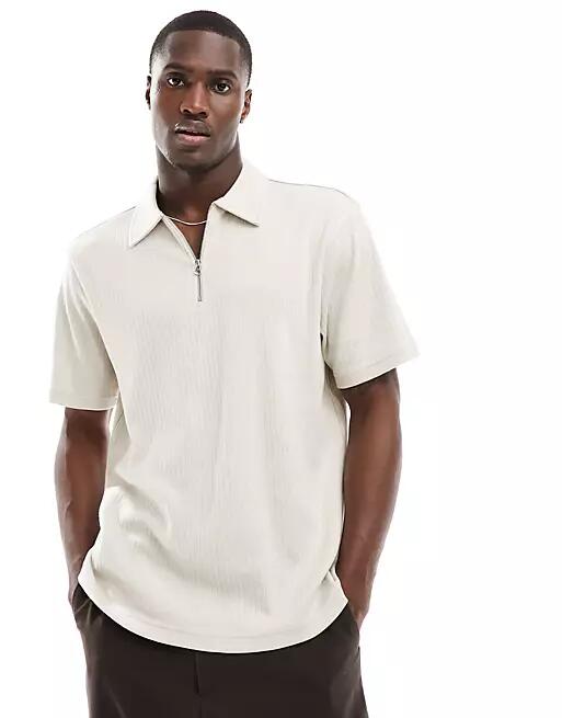 Another Influence textured jersey zip polo in light stone-Neutral Cover