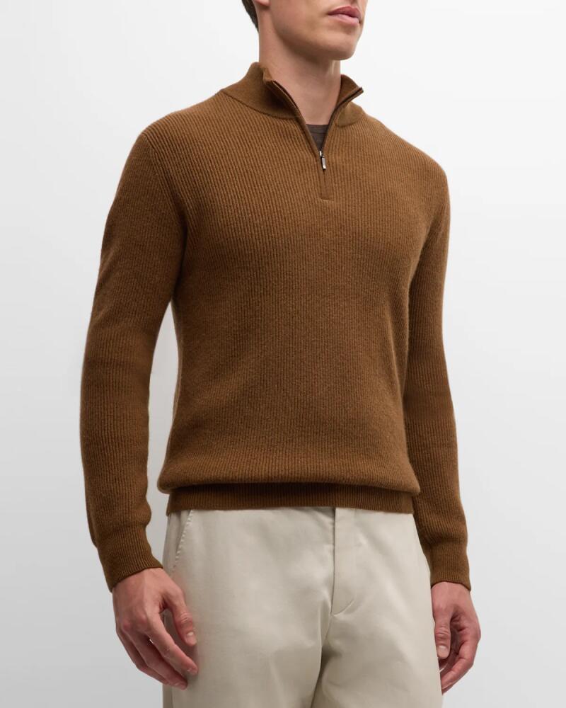 Neiman Marcus Cashmere Collection Men's Ribbed Quarter-Zip Sweater Cover