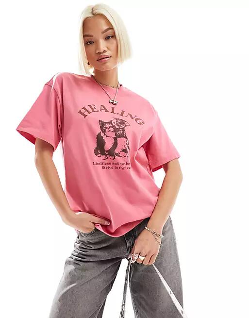 Urban Revivo cat motif oversized t-shirt in washed pink Cover