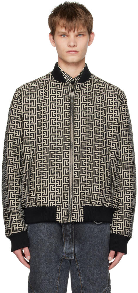 Balmain Black & Beige Monogram Reversible Bomber Jacket Cover