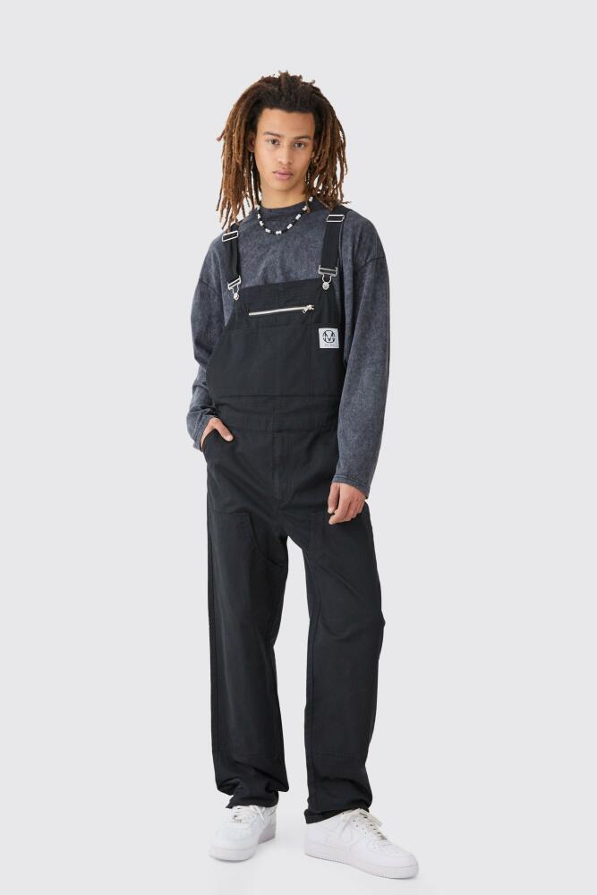 boohoo Mens Washed Twill Branded Zip Carpenter Relaxed Fit Overalls - Black Cover