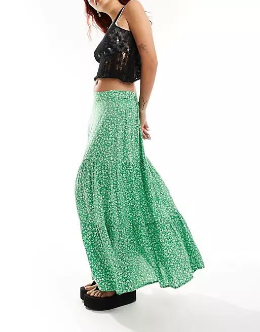 Monki tiered maxi skirt in red meadow floral-Green Cover