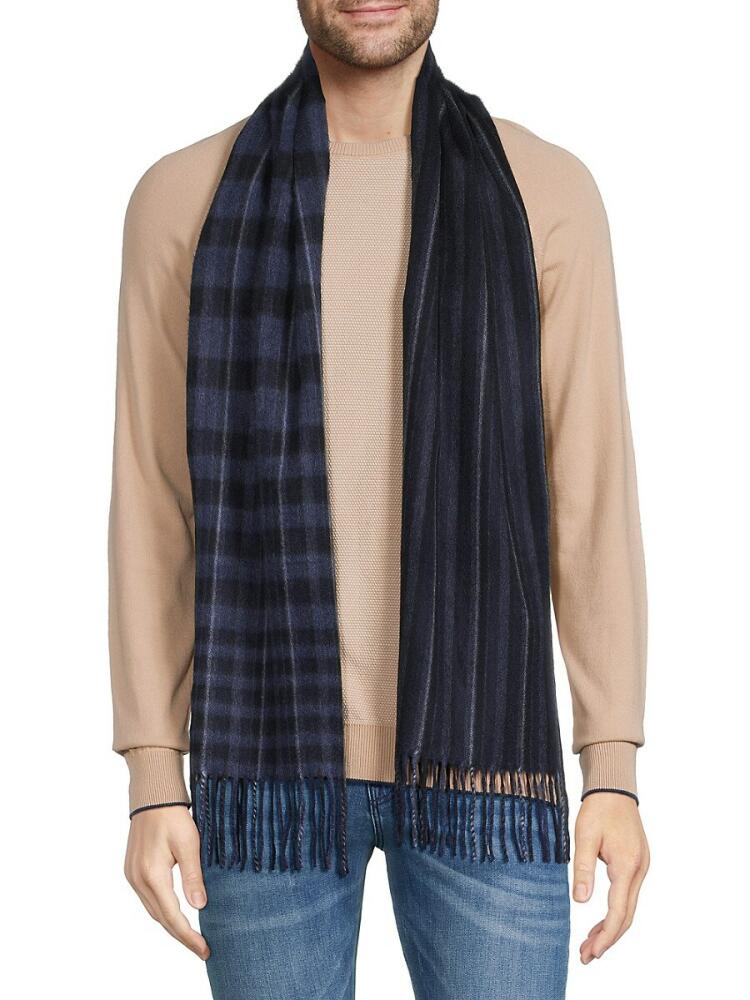 Saks Fifth Avenue Men's Plaid 100% Cashmere Fringe Scarf - Navy Cover