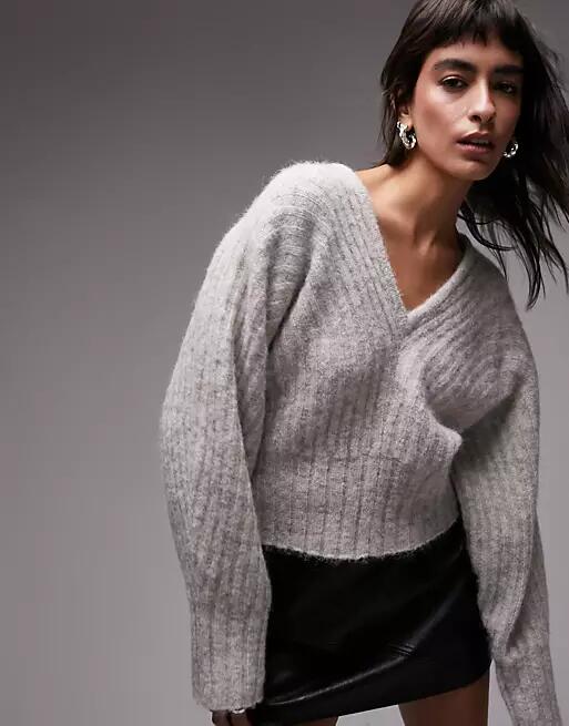 Topshop knitted volume sleeve rib sweater in oat-Neutral Cover