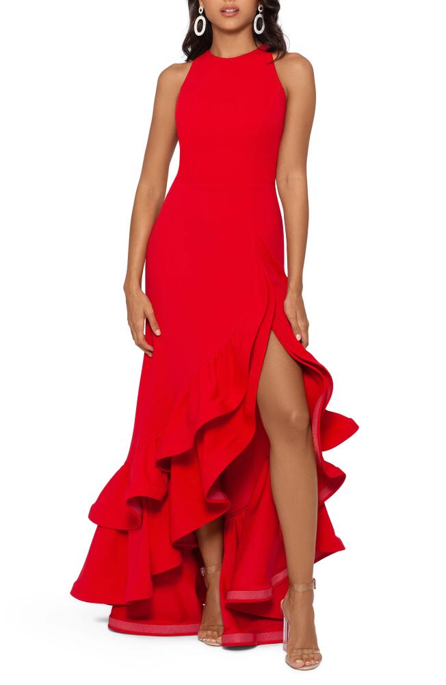 Betsy & Adam Ruffle Halter Crepe Gown in Red Cover