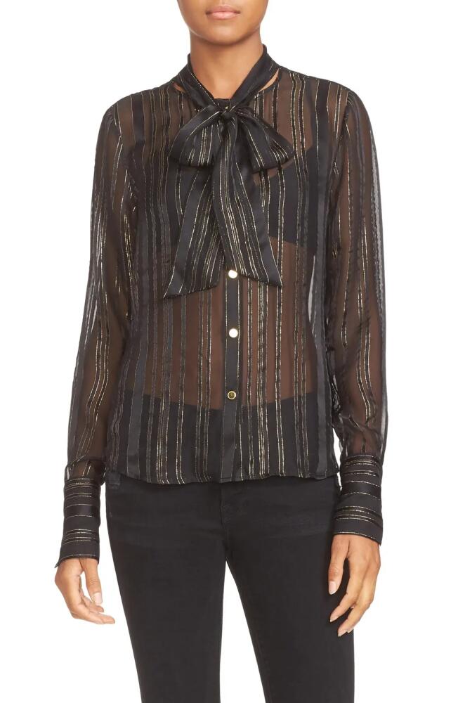 FRAME Tie Neck Metallic Stripe Silk Blouse in Noir Lurex Stripe Cover