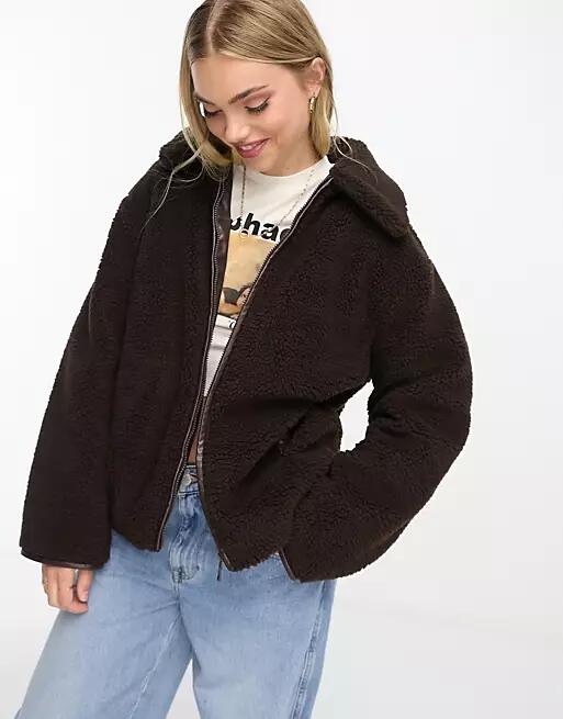 ASOS DESIGN fleece jacket with collar and PU trim in chocolate-Brown Cover