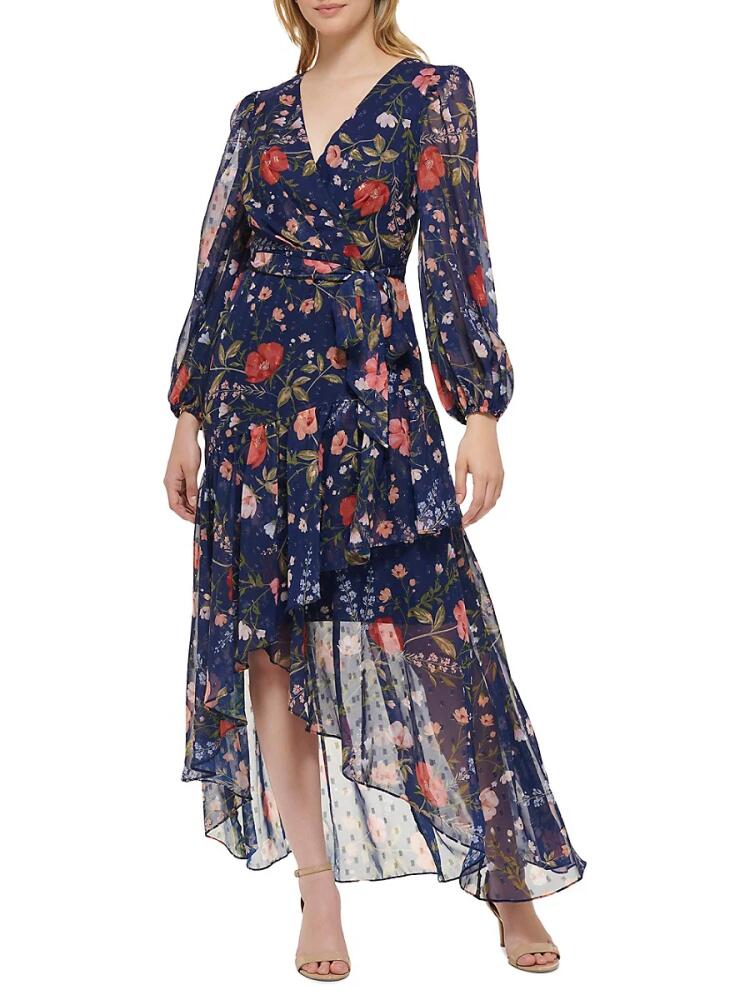 Eliza J Women's Floral Surplice Asymmetric Midi Dress - Navy Cover