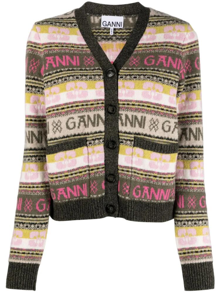 GANNI logo intarsia-knit V-neck cardigan - Green Cover