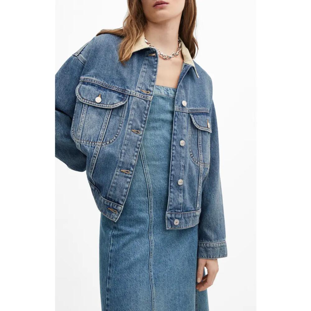 MANGO Contrast Collar Denim Trucker Jacket in Open Blue Cover