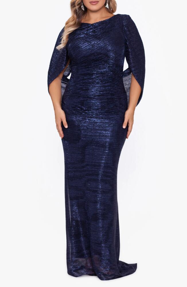 Betsy & Adam Cape Sleeve Metallic Crinkle Gown in Navy/Royal Cover