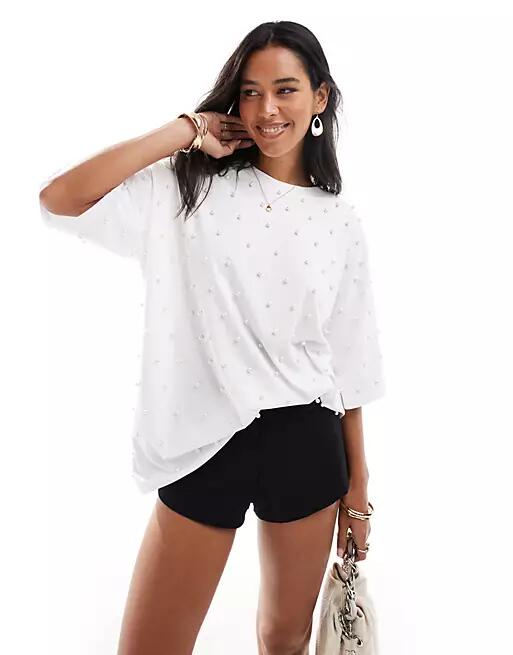 ASOS DESIGN pearl embellished oversized t-shirt in white Cover