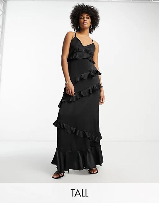 Flounce London Tall all over ruffle cami maxi dress in black Cover